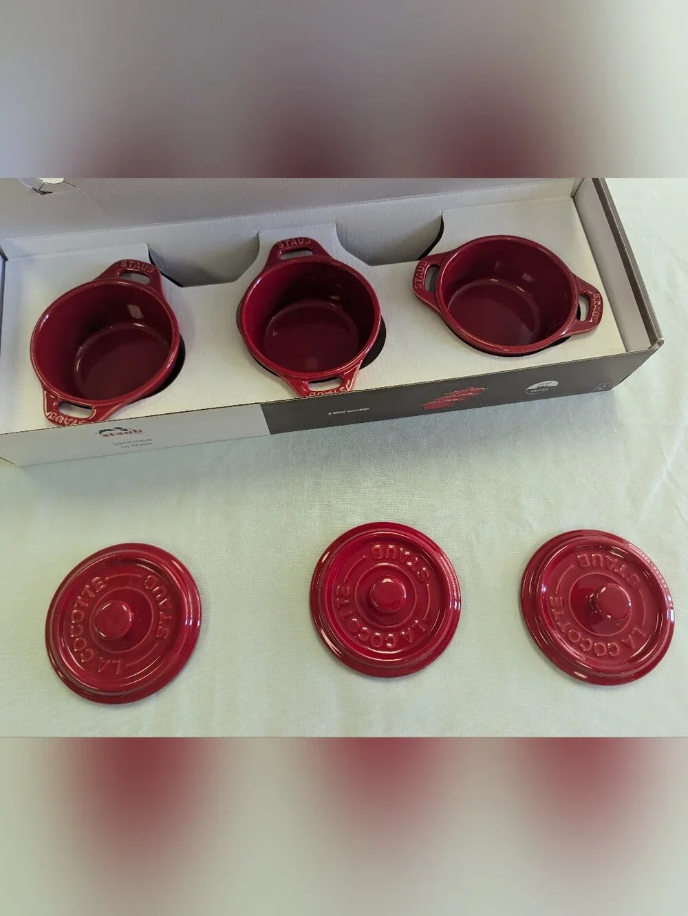 New Staub Set Of 3 Mini Cocottes In Red